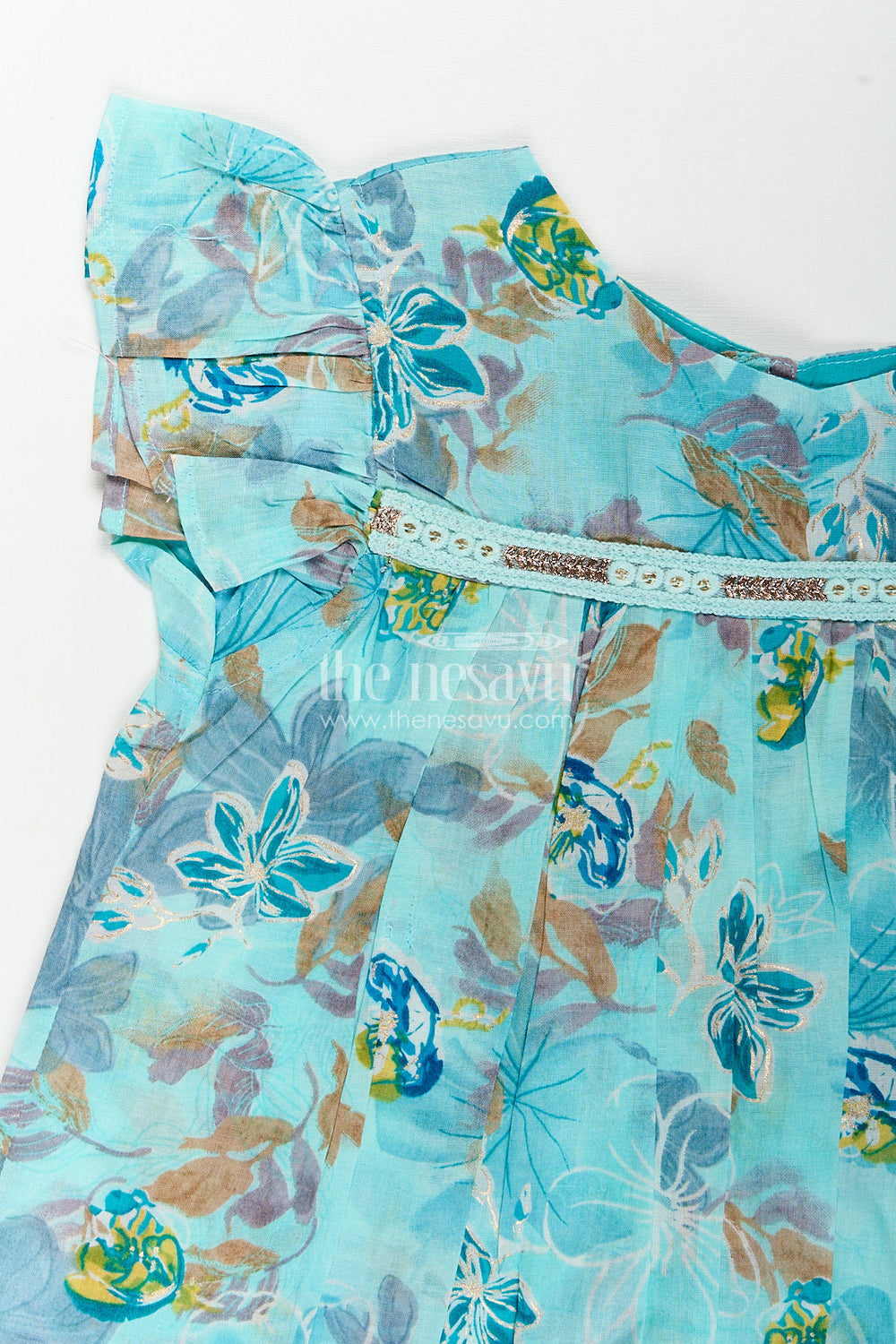 The Nesavu Girls Fancy Frock Girls Latest New Design Frock in Aqua Rayon with Floral Digital Print and Flowy Ruffle Details Nesavu Nesavu Girls Latest New Design Frock Aqua Rayon Floral Print Ruffle Hem