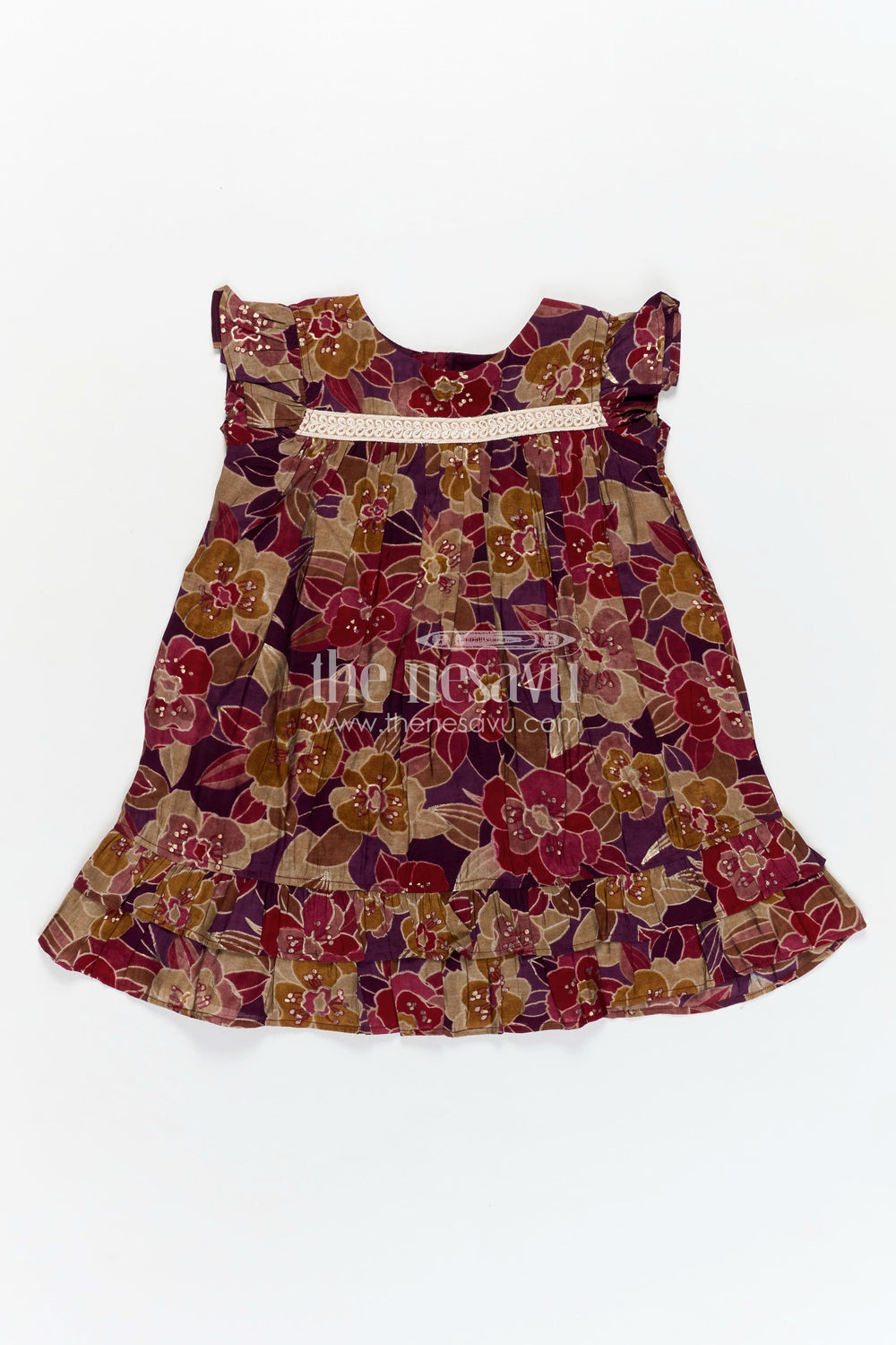 The Nesavu Girls Fancy Frock Girls Latest New Frock Design in Maroon Modal Silk with Floral Digital Print and Embellished Yoke Nesavu 18 (2Y) / Purple GFC1768A-18 Nesavu Girls Latest New Frock Design Modal Silk Floral Digital Print Lace Yoke