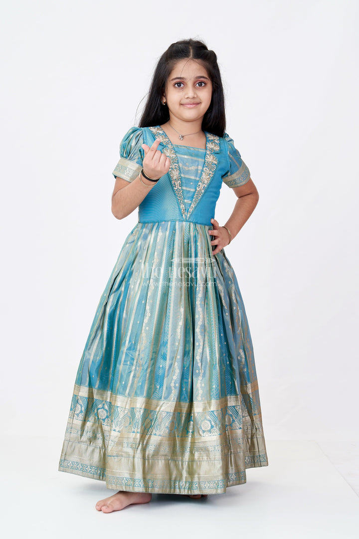 The Nesavu Girls Silk Gown Girls Lavender Anarkali Gown in Banarasi Kora Tissue Silk with Gold Zari Border and Puff Sleeves Nesavu 18 (2Y) / Green GA305A-18 Nesavu Girls Lavender Anarkali Gown Banarasi Kora Silk Golden Zari Puff Sleeves