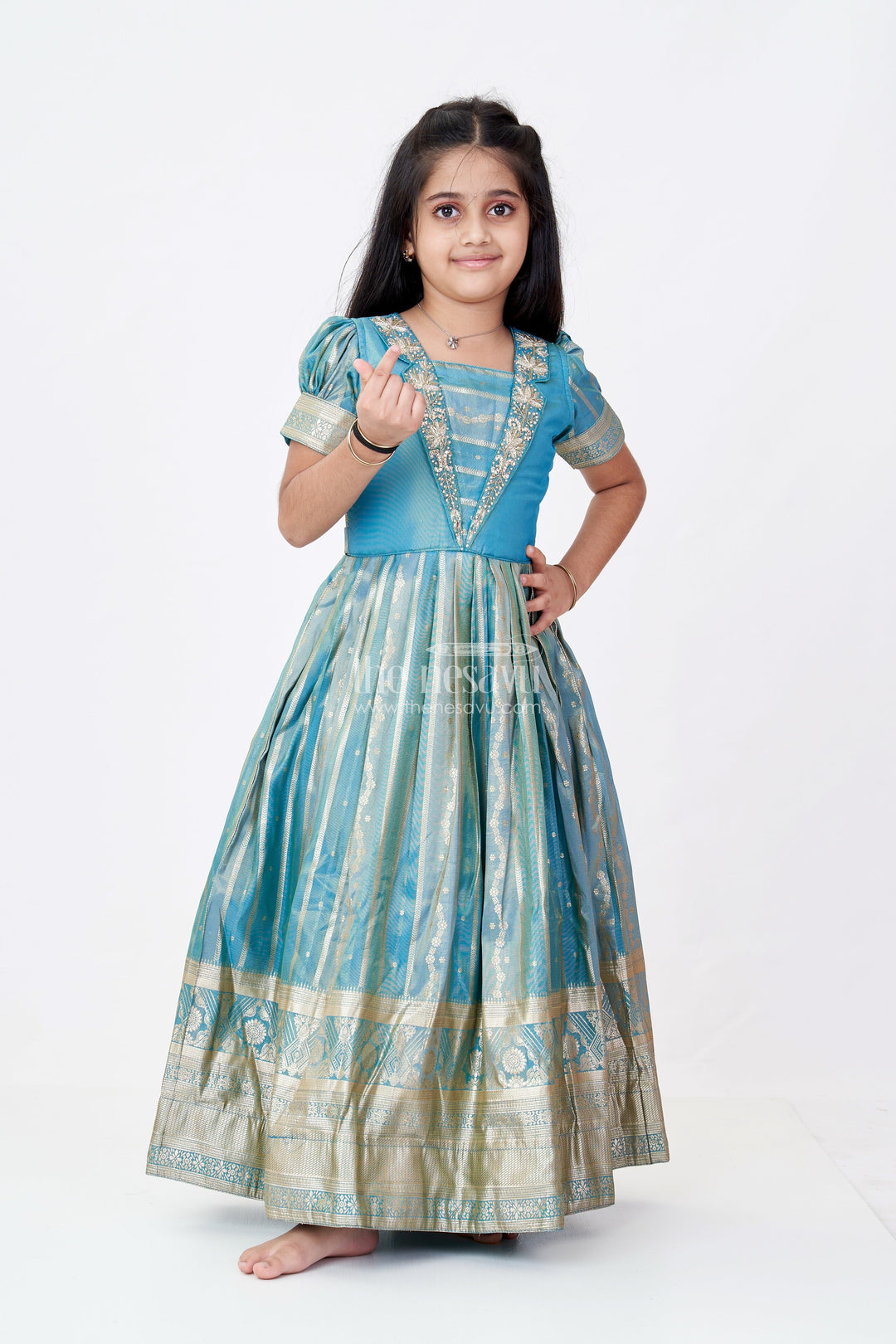 The Nesavu Girls Silk Gown Girls Lavender Anarkali Gown in Banarasi Kora Tissue Silk with Gold Zari Border and Puff Sleeves Nesavu 18 (2Y) / Green GA305A-18 Nesavu Girls Lavender Anarkali Gown Banarasi Kora Silk Golden Zari Puff Sleeves