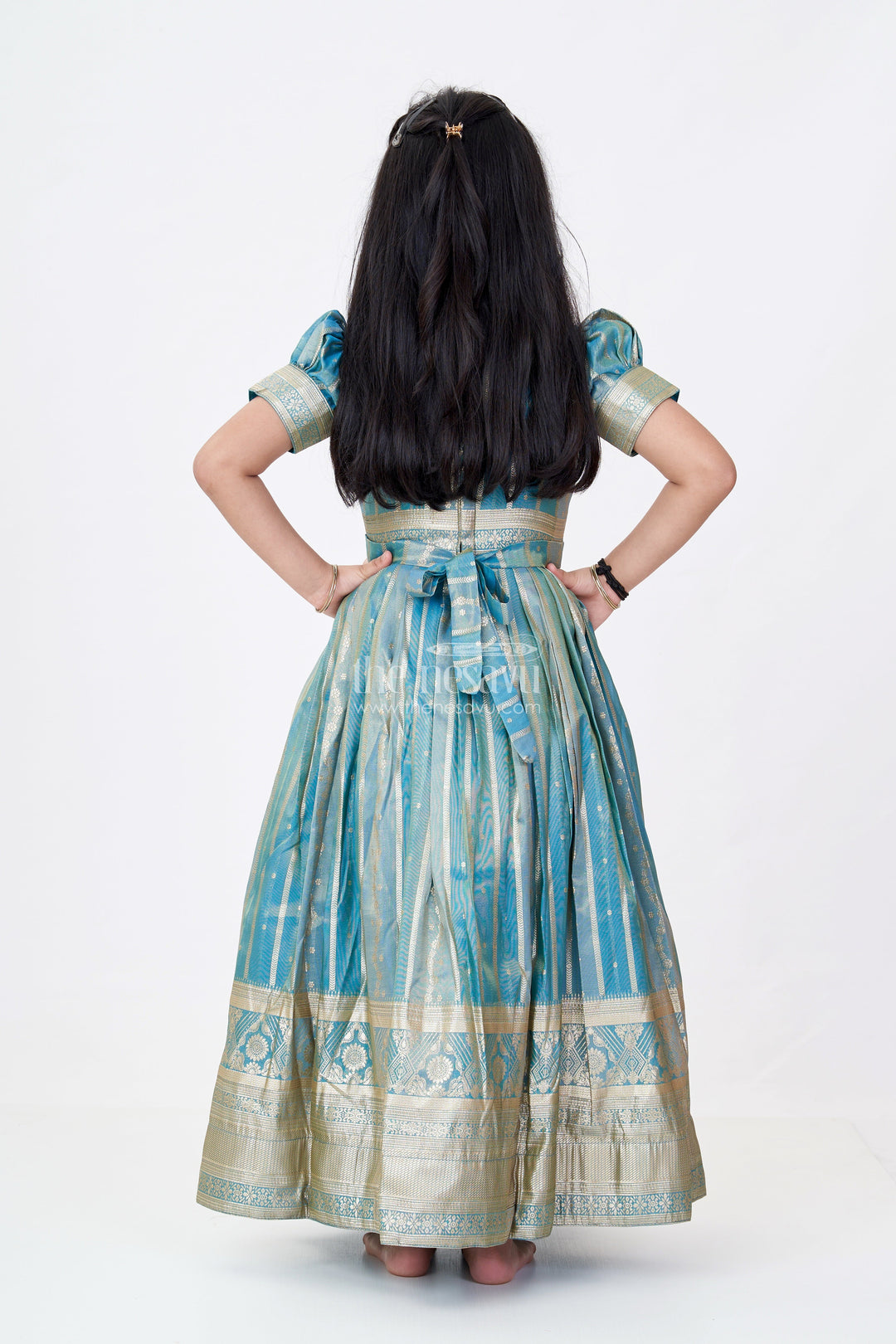 The Nesavu Girls Silk Gown Girls Lavender Anarkali Gown in Banarasi Kora Tissue Silk with Gold Zari Border and Puff Sleeves Nesavu Nesavu Girls Lavender Anarkali Gown Banarasi Kora Silk Golden Zari Puff Sleeves
