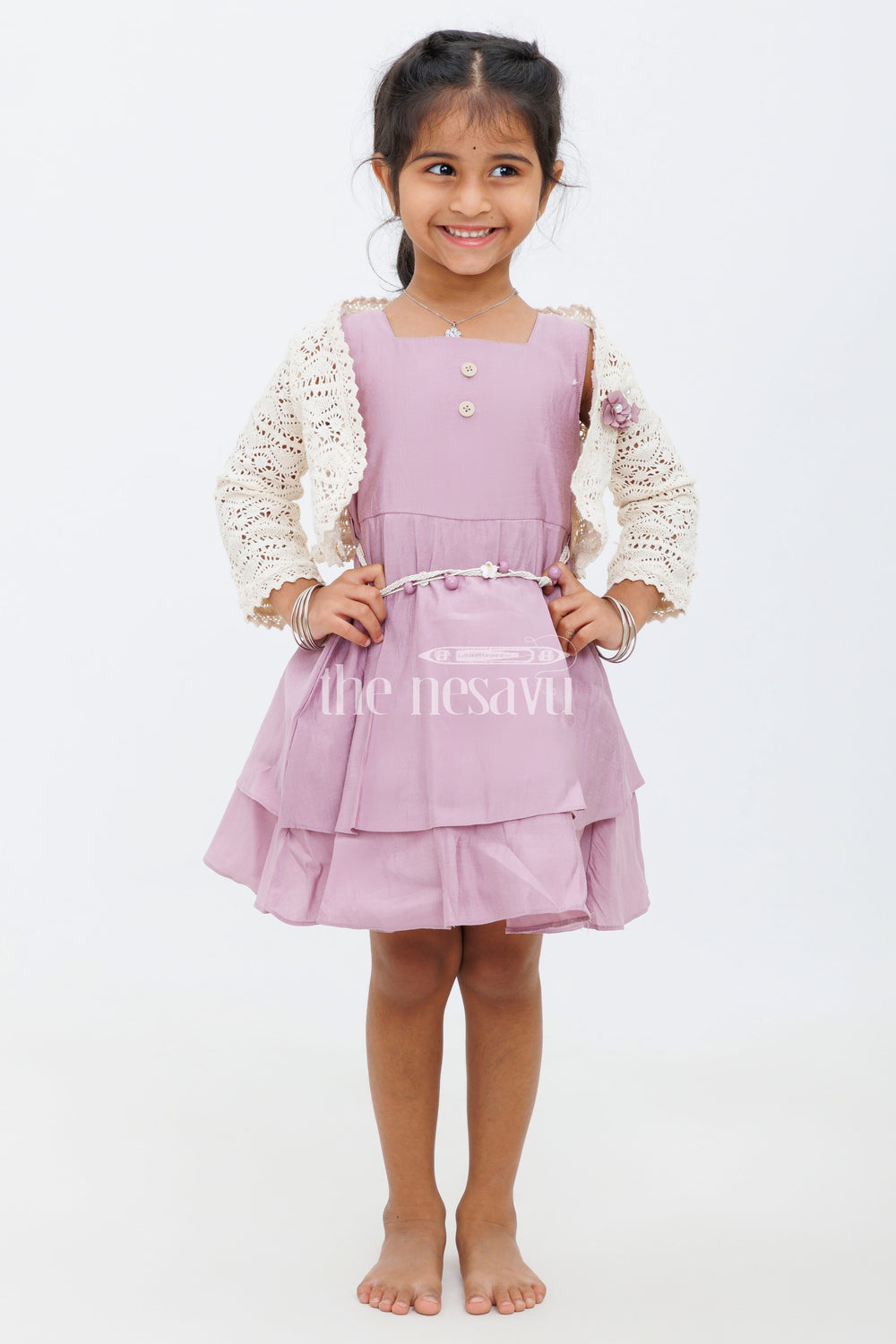 The Nesavu Girls Fancy Frock Girls Lavender Party Dress with Crochet Bolero and Double-Tiered Skirt Nesavu Nesavu Girls Lavender Party Dress Crochet Bolero Tiered Skirt Special Occasions