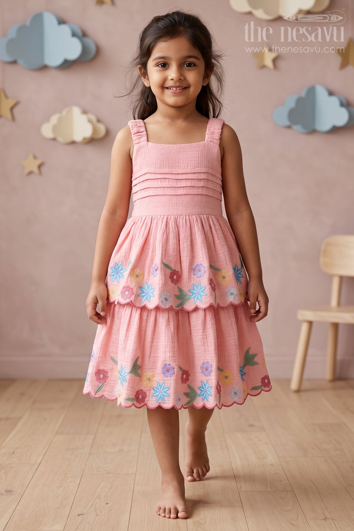 The Nesavu Girls Cotton Frock Girls Layered Frock for Playful Celebrations and Summer Outings Nesavu 20 (3Y) / Pink / Muslin Cotton GFC2268B-20 Nesavu Girls Layered Muslin Cotton Frock With Embroidery For Playful Celebrations