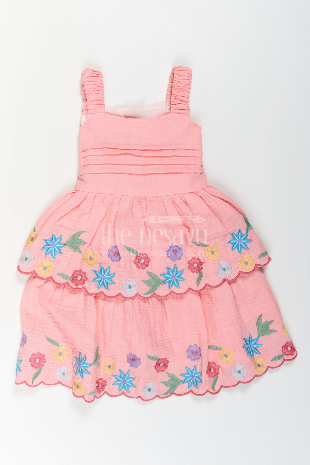 The Nesavu Girls Cotton Frock Girls Layered Frock for Playful Celebrations and Summer Outings Nesavu Nesavu Girls Layered Muslin Cotton Frock With Embroidery For Playful Celebrations