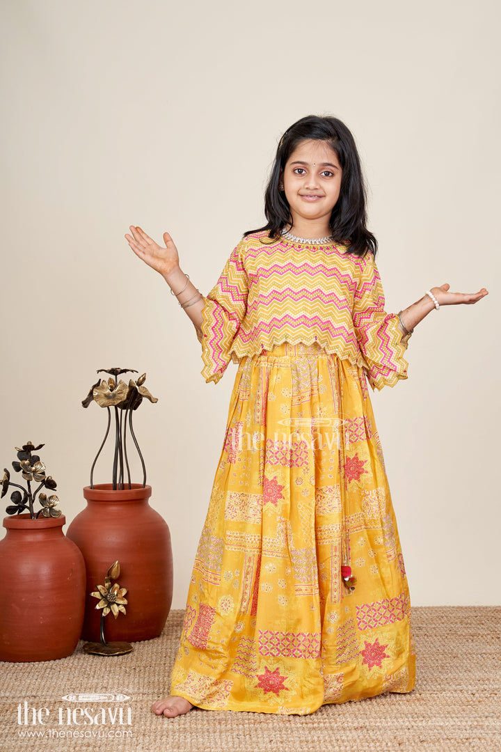 The Nesavu Girls Lehenga Choli Girls Lehenga Choli For Cultural Events Silk Party Set Nesavu 18 (2Y) / Yellow GL665A-18 Nesavu Yellow Girls Lehenga Set Digital Print Zigzag Blouse Cultural Celebrations