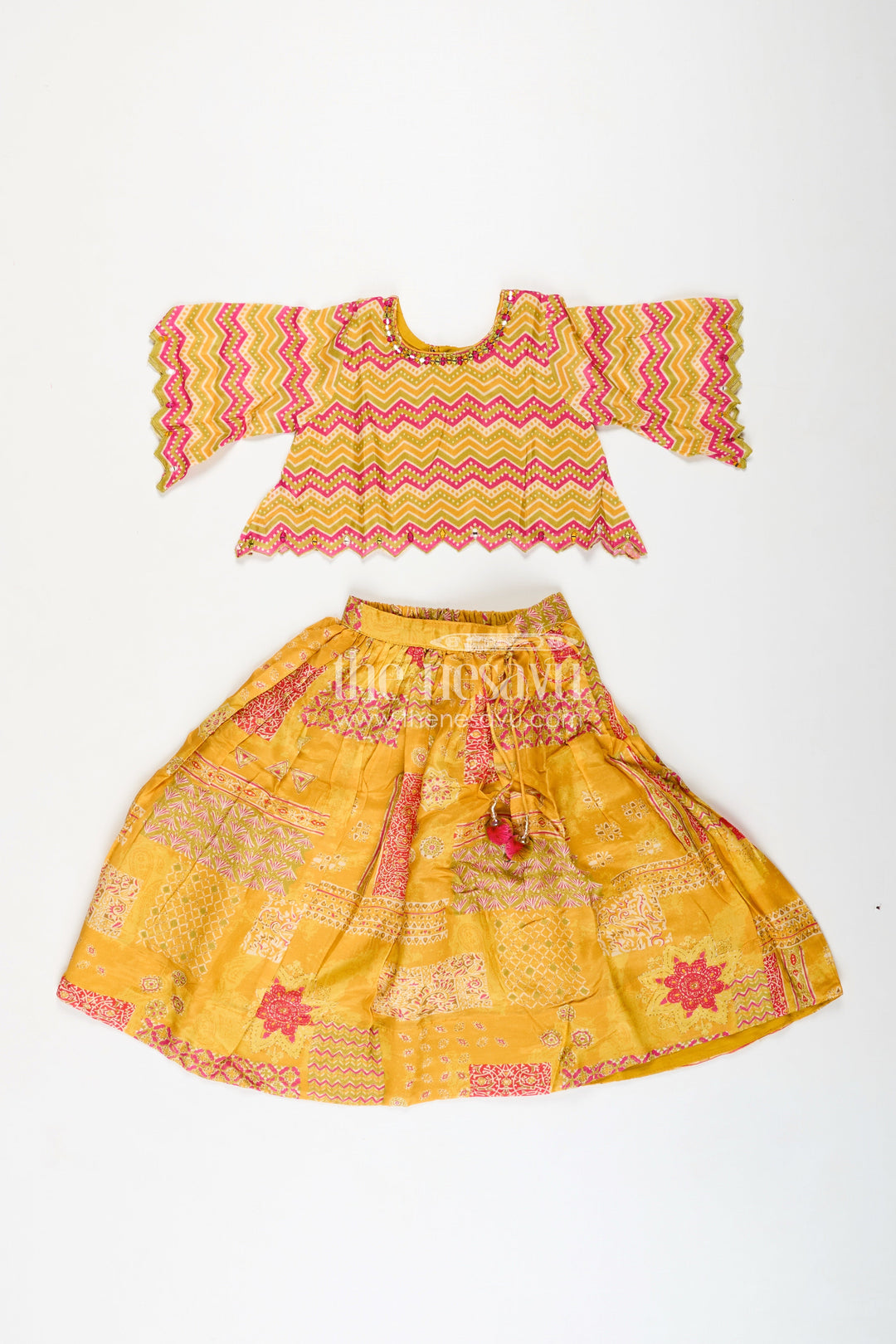 The Nesavu Girls Lehenga Choli Girls Lehenga Choli for Cultural Events Silk Party Set Nesavu Nesavu Yellow Girls Lehenga Set Digital Print Zigzag Blouse Cultural Celebrations