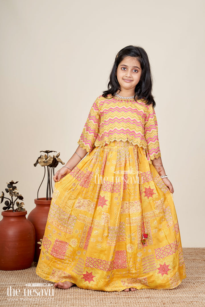 The Nesavu Girls Lehenga Choli Girls Lehenga Choli For Cultural Events Silk Party Set Nesavu Nesavu Yellow Girls Lehenga Set Digital Print Zigzag Blouse Cultural Celebrations