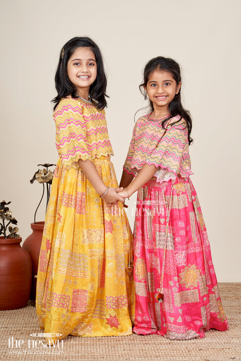 The Nesavu Girls Lehenga Choli Girls Lehenga Choli For Cultural Events Silk Party Set Nesavu Nesavu Yellow Girls Lehenga Set Digital Print Zigzag Blouse Cultural Celebrations