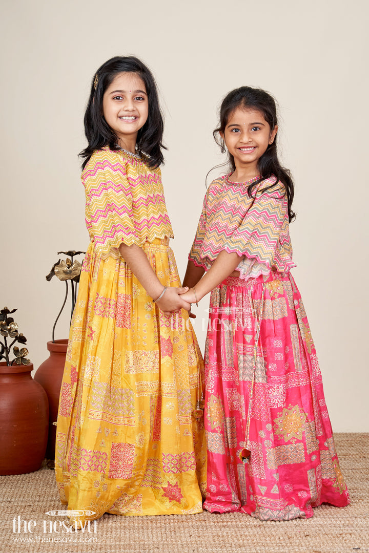The Nesavu Girls Lehenga Choli Girls Lehenga Choli For Cultural Events Silk Party Set Nesavu Nesavu Yellow Girls Lehenga Set Digital Print Zigzag Blouse Cultural Celebrations