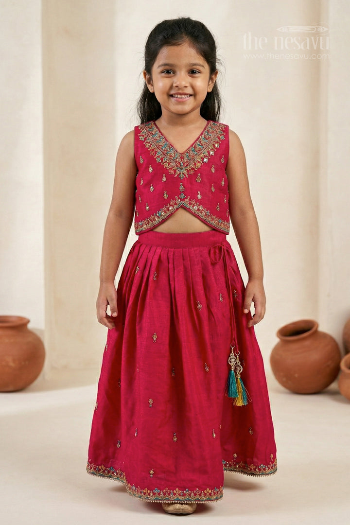 The Nesavu Girls Lehenga Choli Girls Lehenga Choli for Festive Celebrations and Birthday Parties Nesavu 16 (1Y) / Pink / Viscose Silk GL903A-16 Nesavu Girls Textured Viscose Silk Lehenga Choli With Embroidered Yoke For Festive Celebrations