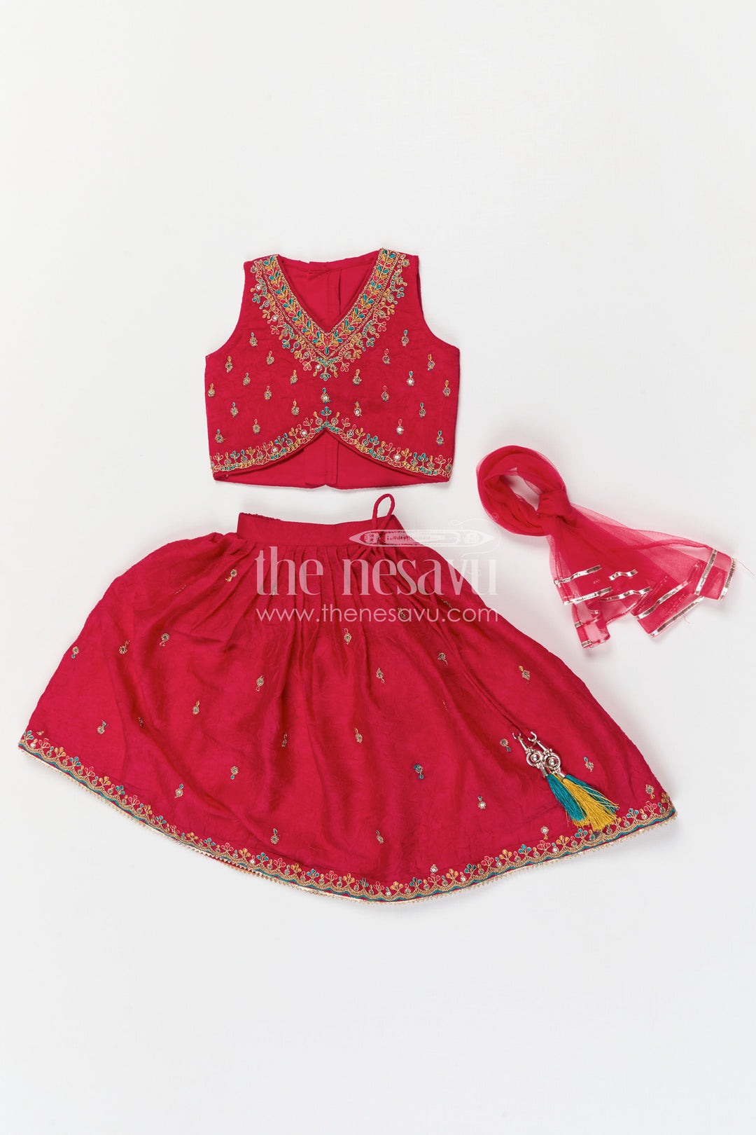 The Nesavu Girls Lehenga Choli Girls Lehenga Choli for Festive Celebrations and Birthday Parties Nesavu Nesavu Girls Textured Viscose Silk Lehenga Choli With Embroidered Yoke For Festive Celebrations