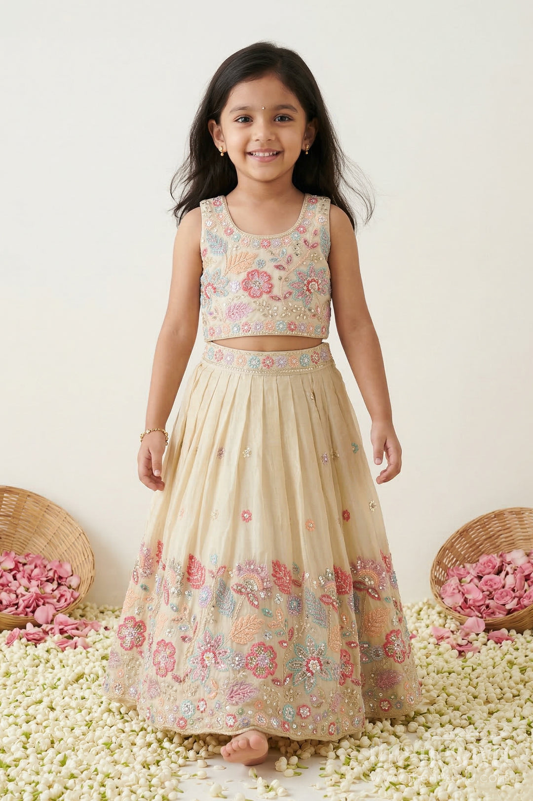 The Nesavu Girls Lehenga Choli Girls Lehenga Choli for Festive Celebrations and Family Weddings Nesavu 18 (2Y) / Cream / Viscose Silk GL898A-18 Nesavu girls festive lehenga choli for weddings and celebrations viscose silk embroidered outfit