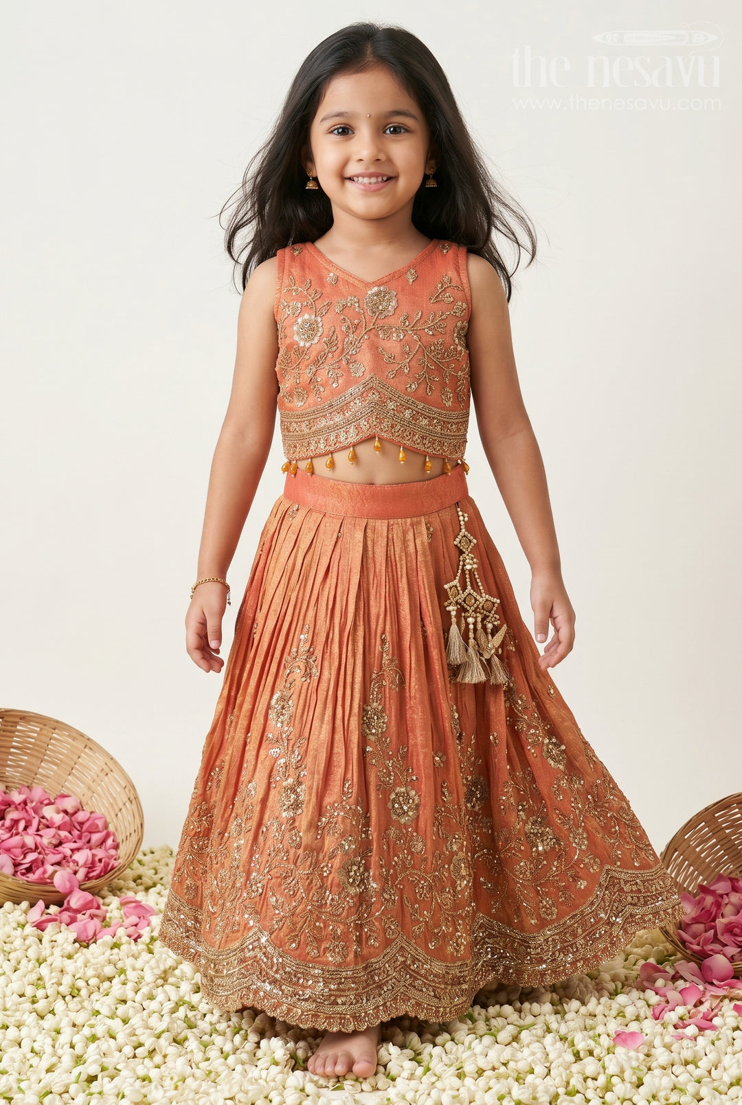 The Nesavu Girls Lehenga Choli Girls Lehenga Choli for Festive Functions and Family Celebrations Nesavu 18 (2Y) / Orange / Viscose Silk GL920A-18 Nesavu Girls Lehenga Choli For Festive Functions And Weddings With Designer Embroidery Viscose Silk Outfit