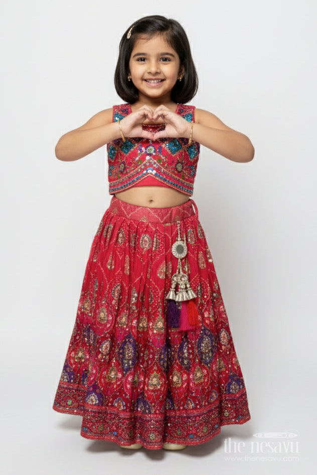 The Nesavu Girls Lehenga Choli Girls Lehenga Choli for Festive Functions and Family Weddings Nesavu 16 (1Y) / Red GL696A-16 Nesavu girls lehenga choli viscose silk designer yoke perfect weddings festive occasions