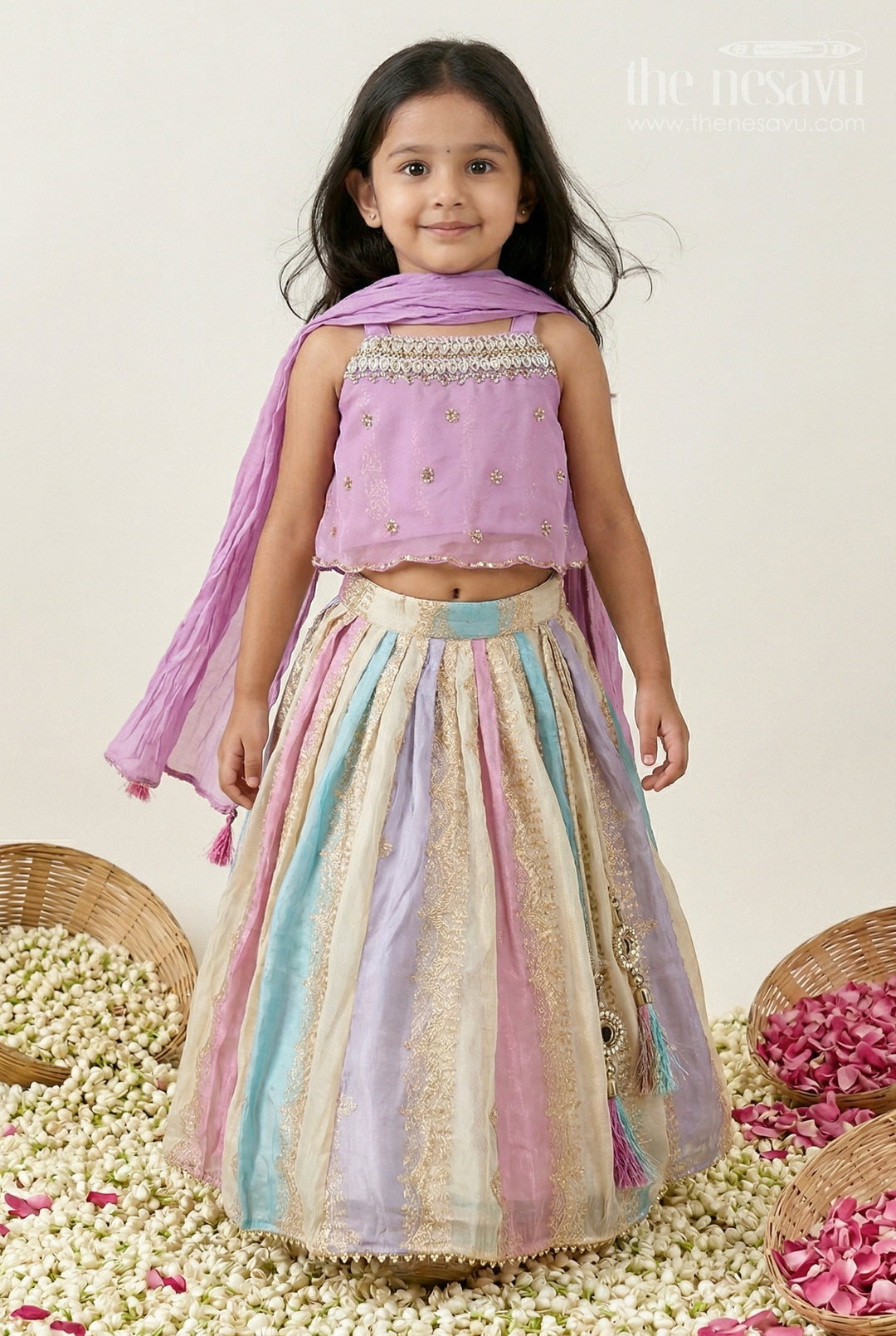 The Nesavu Girls Fancy Lehenga Girls Lehenga Choli for Festive Occasions and Culture Celebrations Nesavu 16 (1Y) / Purple / Tissue GL912A-16 Nesavu Girls Lehenga Choli With Mirror Embroidery Yoke In Kora Tissue Silk For Weddings And Festive Occasions