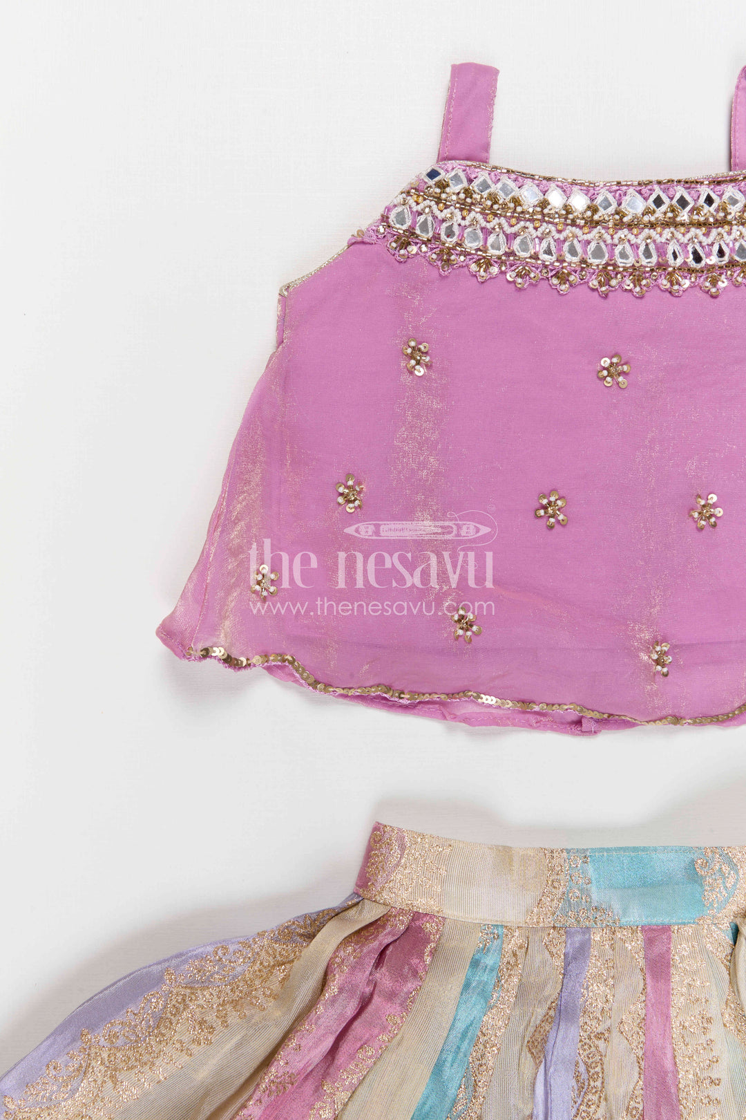 The Nesavu Girls Fancy Lehenga Girls Lehenga Choli for Festive Occasions and Culture Celebrations Nesavu Nesavu Girls Lehenga Choli With Mirror Embroidery Yoke In Kora Tissue Silk For Weddings And Festive Occasions