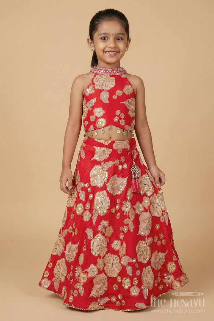 The Nesavu Girls Ethnic Lehenga Girls Lehenga Choli for Festive Weddings and Family Functions Nesavu Nesavu girls lehenga choli for festive weddings and functions in red viscose silk