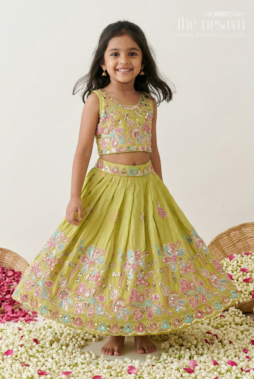 The Nesavu Girls Lehenga Choli Girls Lehenga Choli for Weddings and Diwali Celebrations Nesavu 18 (2Y) / Green / Viscose Silk GL908A-18 Nesavu Girls Lehenga Choli For Weddings And Festive Wear With Viscose Silk And Designer Embroidery