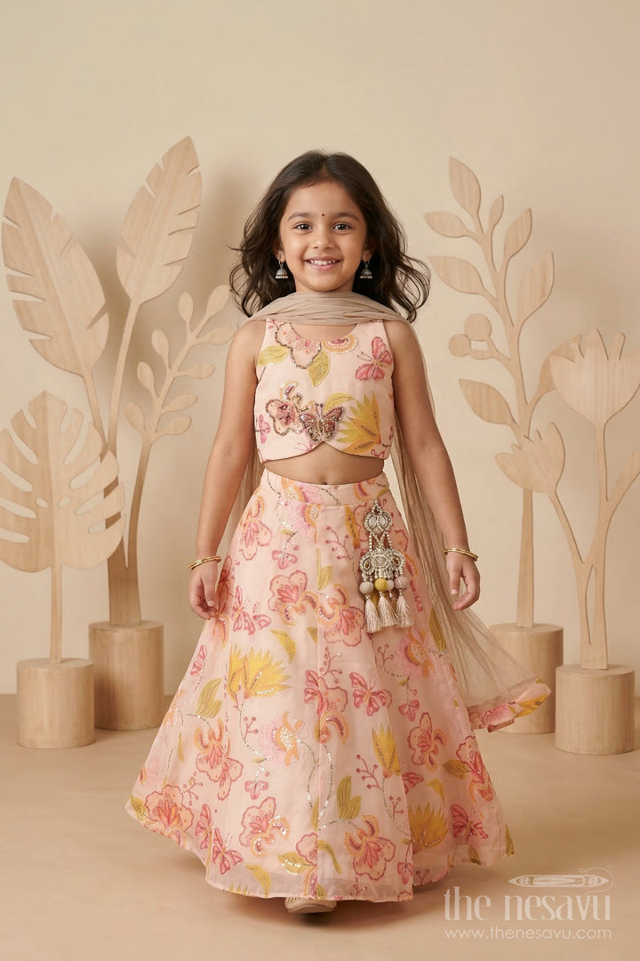 The Nesavu Girls Lehenga Choli Girls Lehenga Choli for Weddings and Festive Celebration Nesavu 24 (5Y) / Cream / Organza Tissue GL880A-24 Nesavu girls tissue organza printed lehenga choli for weddings festive celebrations and special occasions