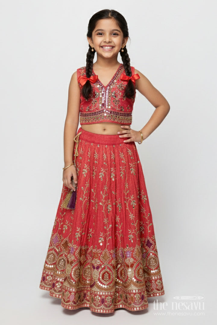 The Nesavu Girls Lehenga Choli Girls Lehenga Choli for Weddings and Festive Celebrations Nesavu 18 (2Y) / Red GL687B-18 Nesavu designer lehenga choli girls mirror embroidery weddings festive occasions