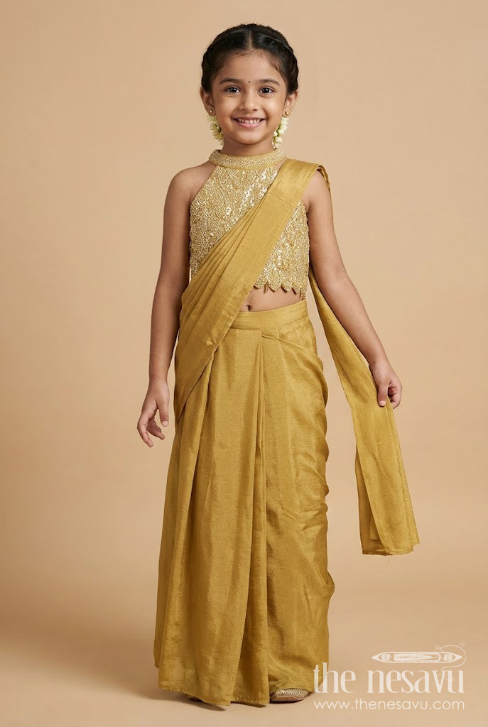 The Nesavu Girls Lehenga Choli Girls Lehenga Choli for Weddings and Festive Events Nesavu 24 (5Y) / Yellow GL841A-24 Nesavu girls lehenga choli muslin silk embroidery weddings festive occasions