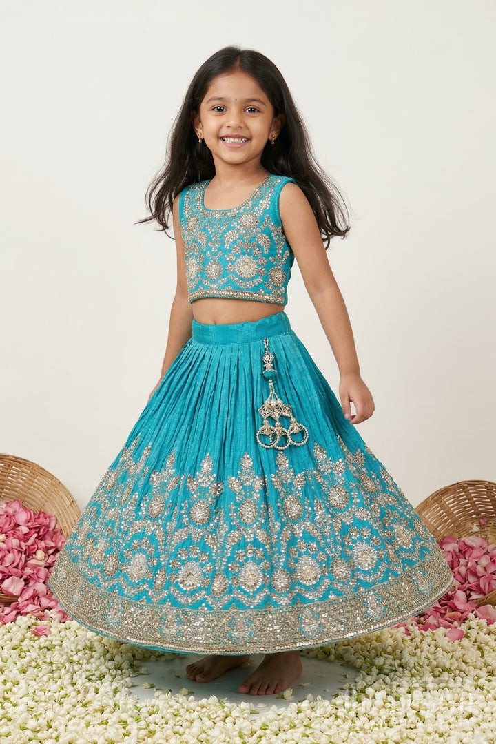 The Nesavu Girls Lehenga Choli Girls Lehenga Choli for Weddings and Festive Family Functions Nesavu 18 (2Y) / Green / Viscose Silk GL897A-18 Nesavu girls lehenga choli for weddings festive celebrations viscose silk outfit with designer embroidery