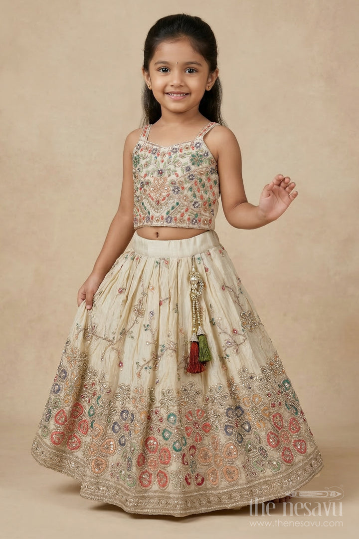 The Nesavu Girls Lehenga Choli Girls Lehenga Choli for Weddings and Festive Occasions Nesavu 18 (2Y) / Cream / Viscose Silk GL677B-18 Nesavu girls lehenga choli for weddings and festive occasions with designer embroidery