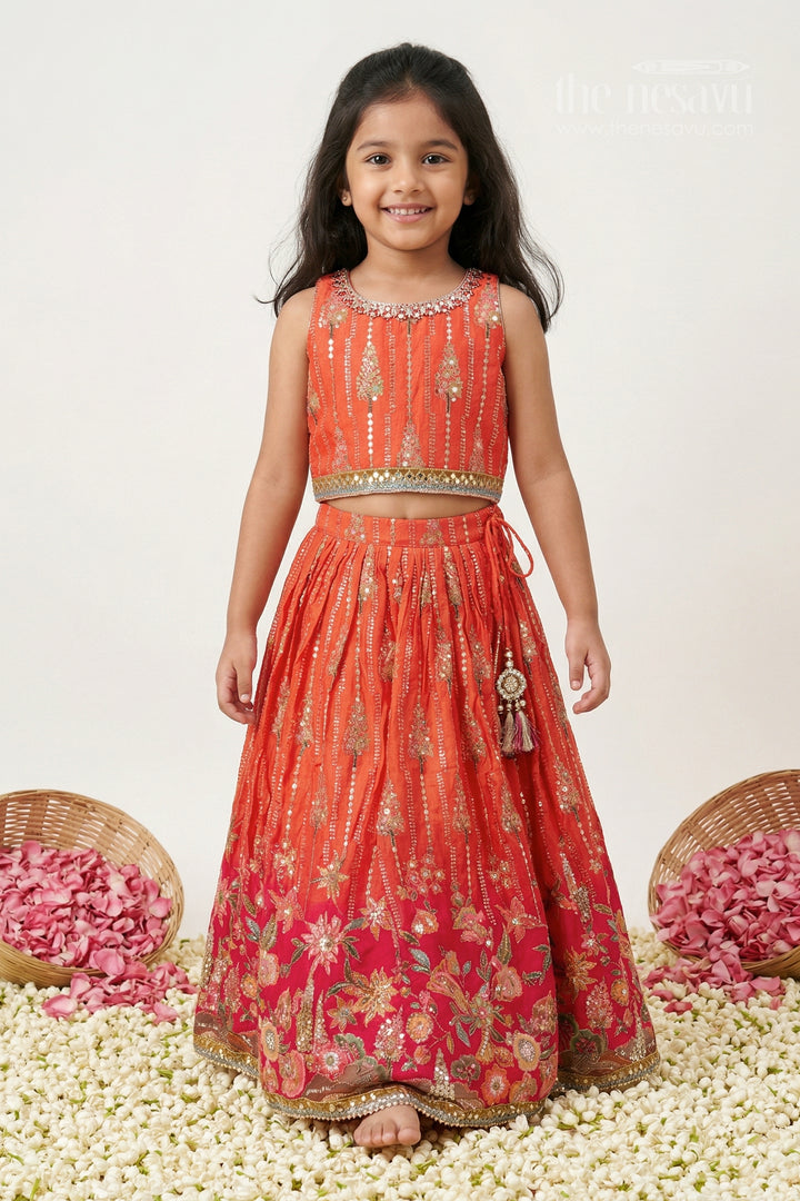 The Nesavu Girls Lehenga Choli Girls Lehenga Choli for Weddings and Grand Festive Occasions Nesavu 24 (5Y) / Orange / Viscose Silk GL878A-24 Nesavu girls viscose silk lehenga choli with designer sequence embroidery for weddings and celebrations