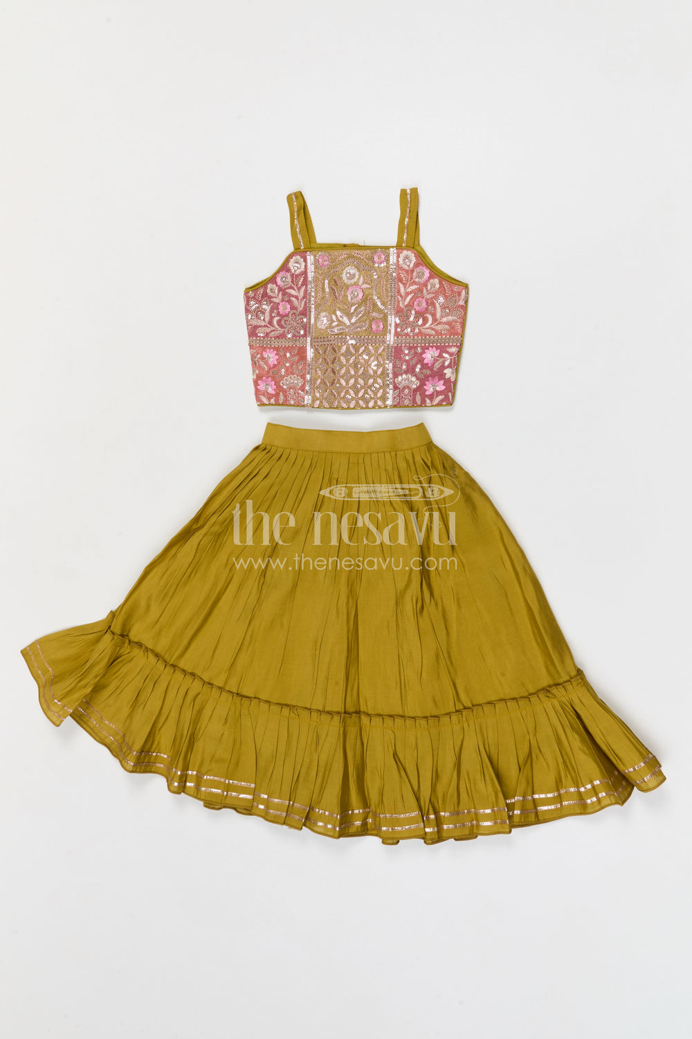 The Nesavu Girls Lehenga Choli Girls Lehenga Choli for Weddings and Pongal Celebrations Nesavu 18 (2Y) / Green / Modal GL892A-18 Nesavu girls modal silk lehenga choli for weddings and festive celebrations with embroidered yoke