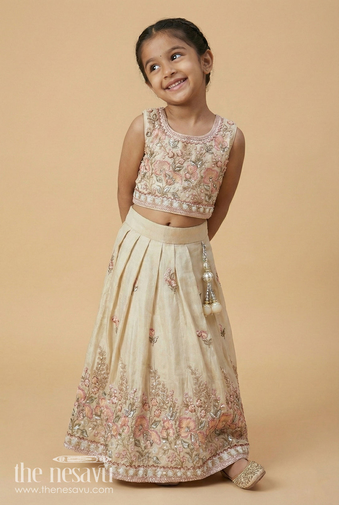 The Nesavu Girls Lehenga Choli Girls Lehenga Choli for Weddings and Traditional Celebrations Nesavu 18 (2Y) / Cream GL711C-18 Nesavu girls lehenga choli weddings naming ceremonies designer embroidery