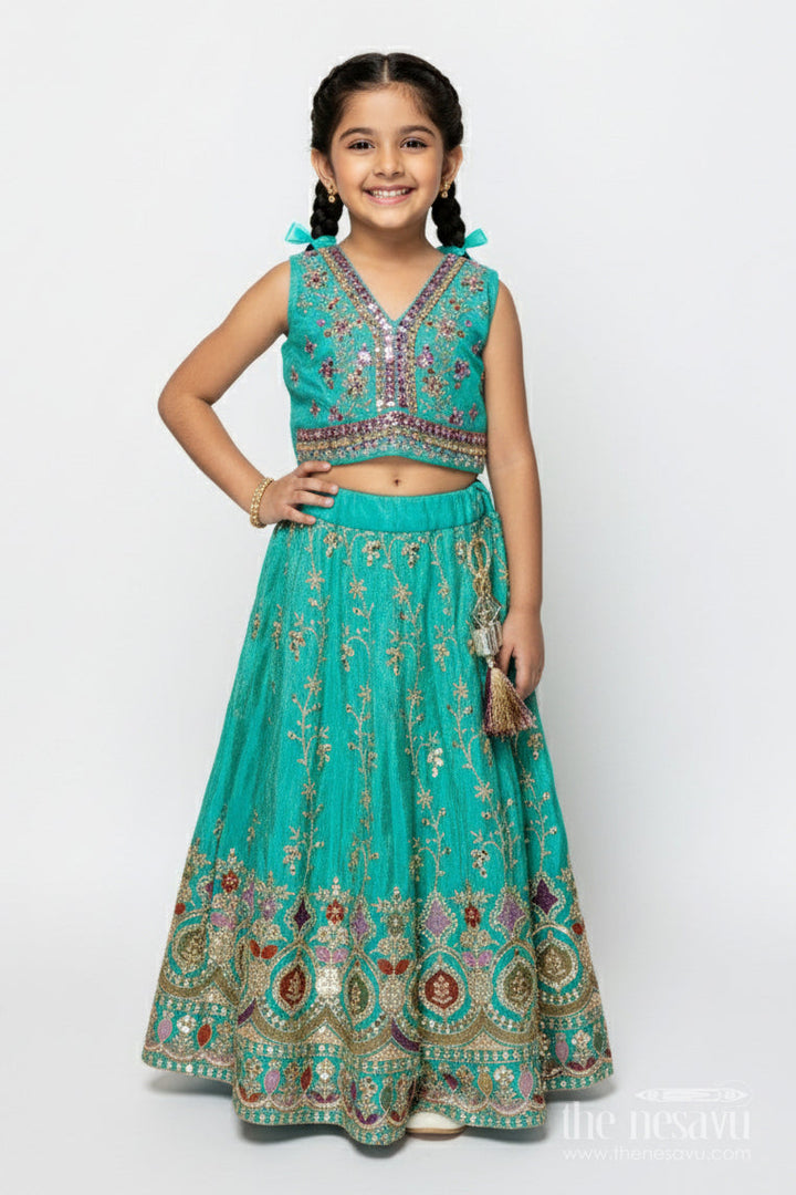 The Nesavu Girls Lehenga Choli Girls Lehenga Choli for Weddings and Traditional Celebrations Nesavu 18 (2Y) / Green GL687A-18 Nesavu lehenga choli set girls mirror embroidery weddings festive functions