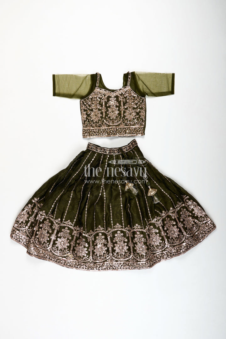 The Nesavu Girls Lehenga Choli Girls Lehenga Choli for Weddings Organza Embroidered Set Nesavu Nesavu Girls Bottle Green Organza Lehenga Dupatta Choli Wedding Functions