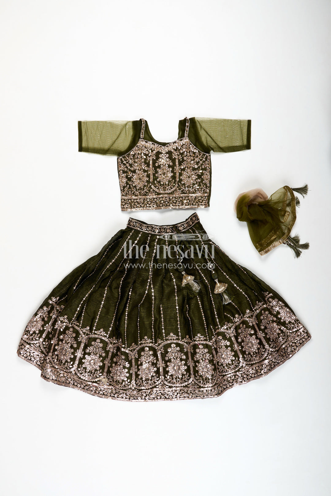 The Nesavu Girls Lehenga Choli Girls Lehenga Choli for Weddings Organza Embroidered Set Nesavu Nesavu Girls Bottle Green Organza Lehenga Dupatta Choli Wedding Functions