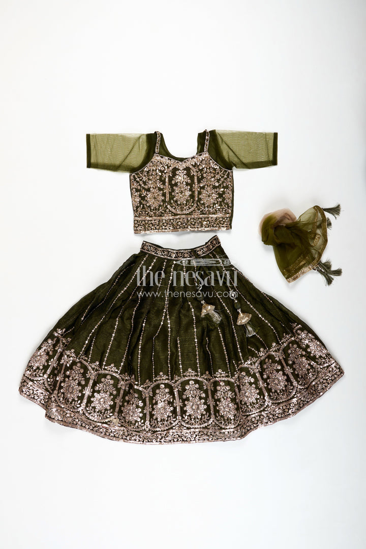 The Nesavu Girls Lehenga Choli Girls Lehenga Choli for Weddings Organza Embroidered Set Nesavu Nesavu Girls Bottle Green Organza Lehenga Dupatta Choli Wedding Functions