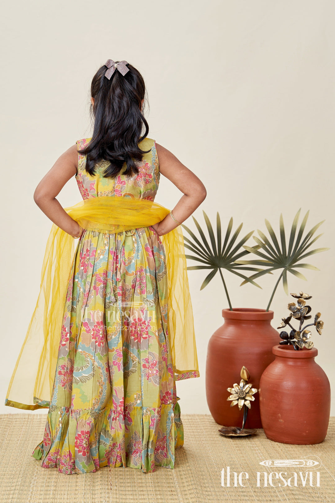 The Nesavu Girls Lehenga Choli Girls Lehenga Choli in Yellow Colour with Muslin Silk Digital Print and Thread Embroidery Yoke Nesavu Nesavu Girls Lehenga Choli Yellow Colour Digital Floral Print Thread Embroidery Yoke