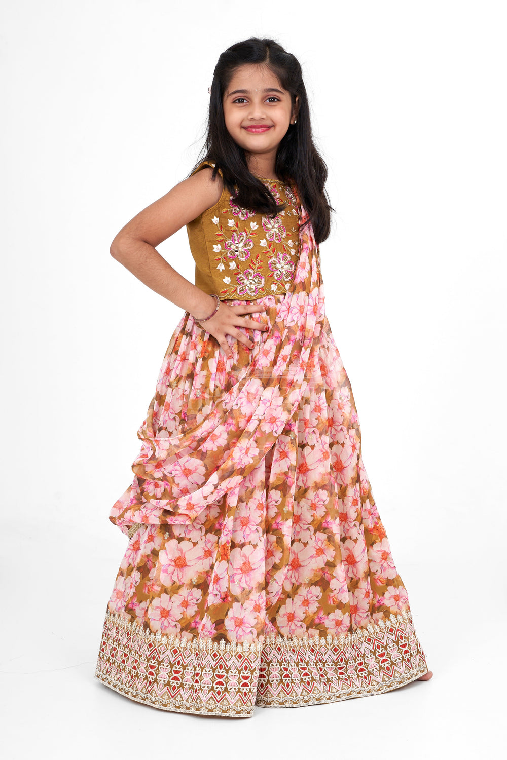 The Nesavu Girls Lehenga Choli Girls Lehenga Choli Organza Printed Multicolor Pongal Lehenga Nesavu Nesavu Girls Multicolor Organza Lehenga Choli Set Mirror Work Diwali Lehenga