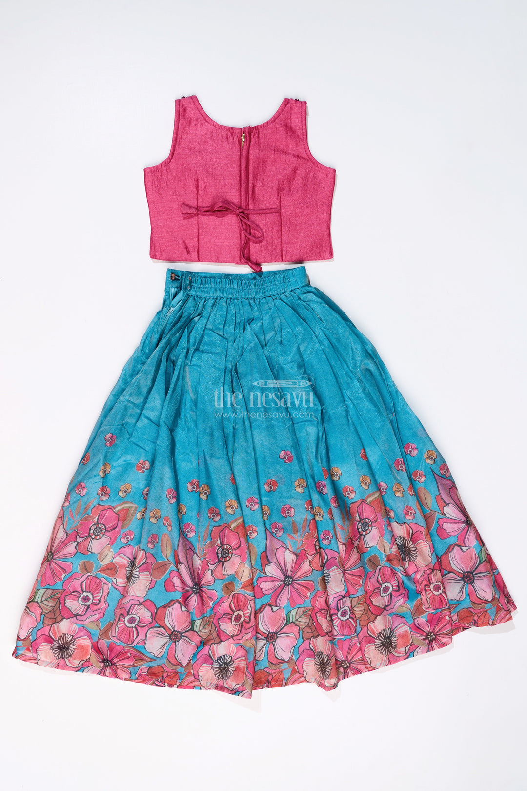 The Nesavu Girls Lehenga Choli Girls Lehenga Choli Party Wear in Teal and Pink with Digital Floral Prints and Jacket Nesavu Nesavu Girls Floral Printed Lehenga Choli Party Wear Embroidered Blouse Jacket