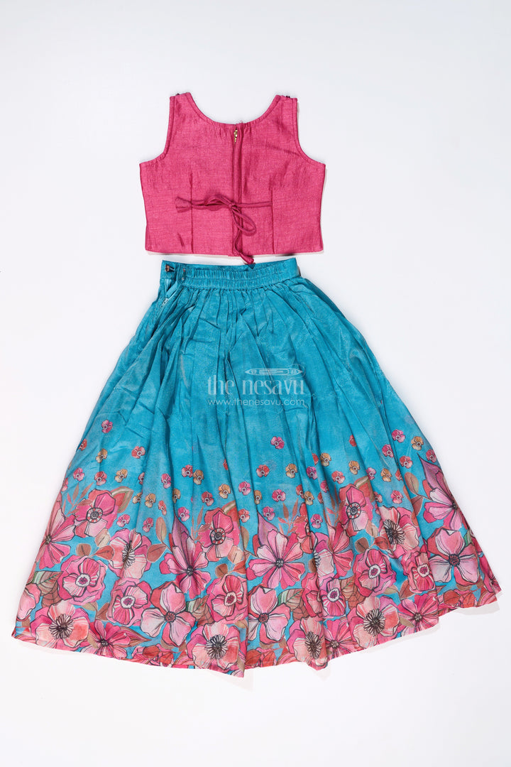 The Nesavu Girls Lehenga Choli Girls Lehenga Choli Party Wear in Teal and Pink with Digital Floral Prints and Jacket Nesavu Nesavu Girls Floral Printed Lehenga Choli Party Wear Embroidered Blouse Jacket