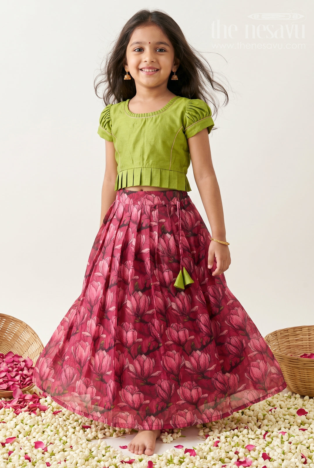 The Nesavu Girls Lehenga Choli Girls Lehenga Choli Set for Festive Dance Celebrations Nesavu 18 (2Y) / Green / Chanderi GL934A-18 Nesavu Girls Chanderi Cotton Lehenga Choli Set With Festive Digital Prints For Celebrations