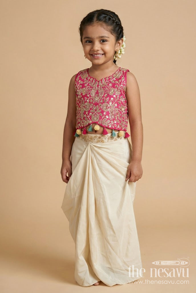 The Nesavu Girls Lehenga Choli Girls Lehenga Choli Set with Embroidered Shrug for Celebrations Nesavu 24 (5Y) / Pink GL842A-24 Nesavu girls lehenga set embroidered shrug muslin silk weddings Diwali