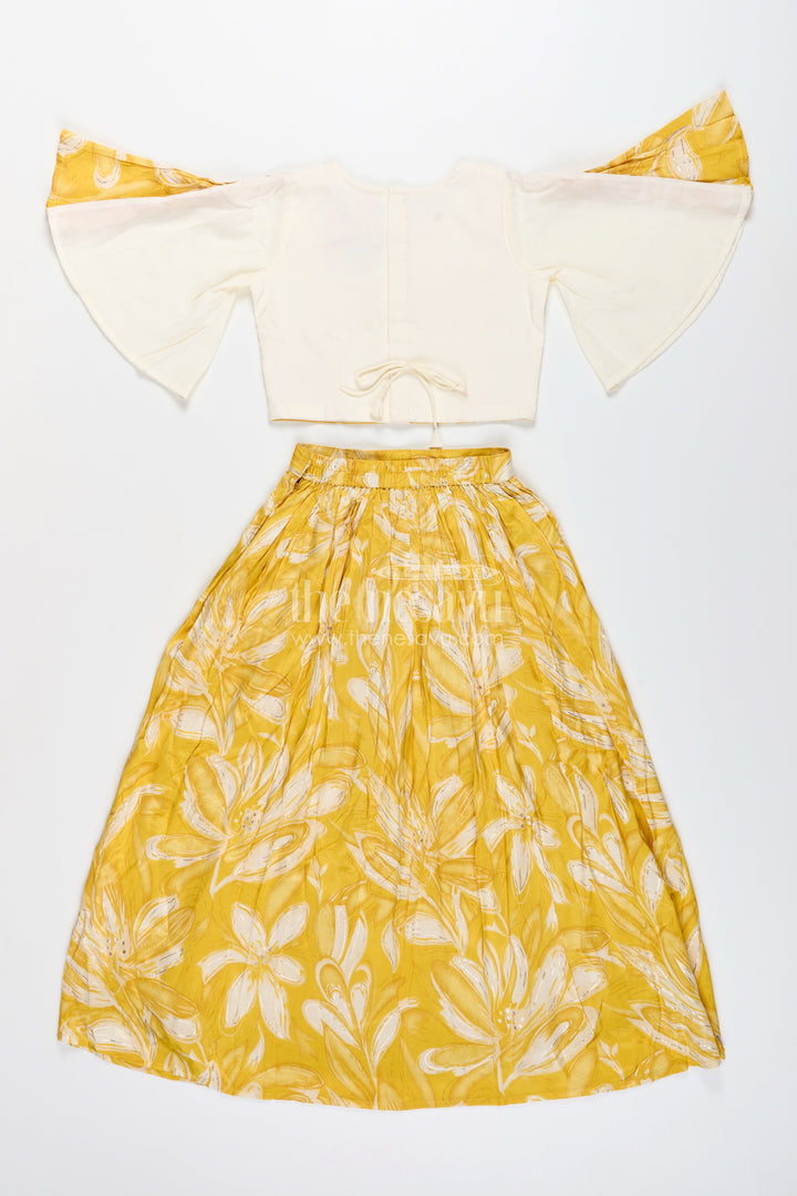 The Nesavu Girls Lehenga Choli Girls lehenga choli set with floral print and flutter sleeves Nesavu Nesavu yellow floral lehenga choli set girls flutter sleeves  festive haldi outfit