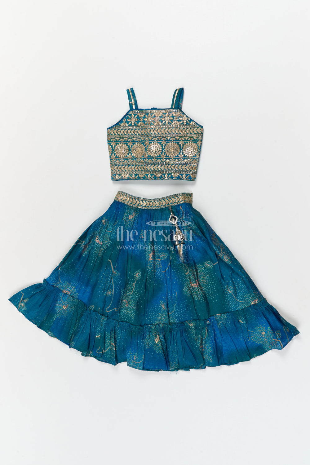 The Nesavu Girls Ethnic Lehenga Girls Lehenga Choli Set with Mirror Embroidery for Weddings and Parties Nesavu 18 (2Y) / Blue / Modal GL594D-18 Nesavu girls festive lehenga set with mirror embroidered blouse and modal silk flared skirt