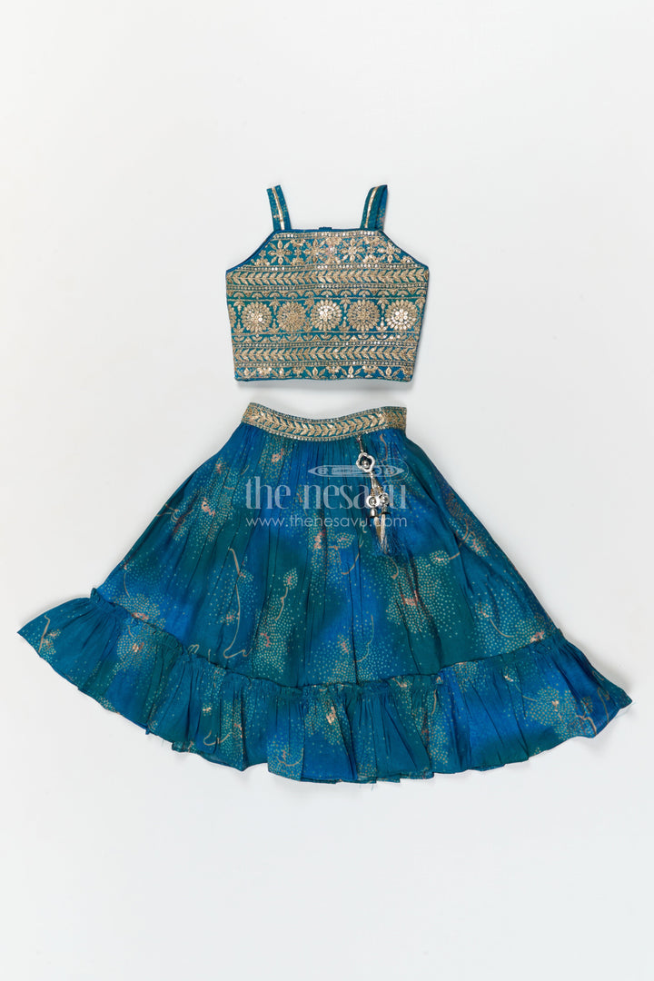 The Nesavu Girls Ethnic Lehenga Girls Lehenga Choli Set with Mirror Embroidery for Weddings and Parties Nesavu 18 (2Y) / Blue / Modal GL594D-18 Nesavu girls festive lehenga set with mirror embroidered blouse and modal silk flared skirt