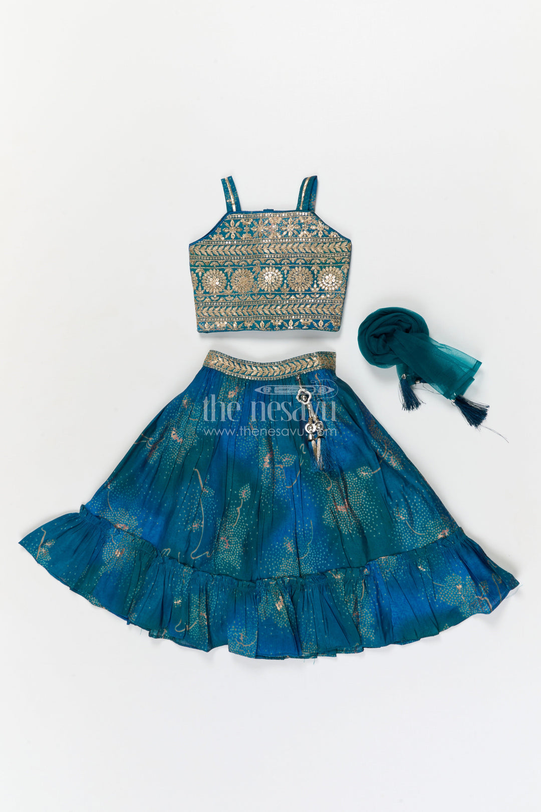 The Nesavu Girls Ethnic Lehenga Girls Lehenga Choli Set with Mirror Embroidery for Weddings and Parties Nesavu Nesavu girls festive lehenga set with mirror embroidered blouse and modal silk flared skirt