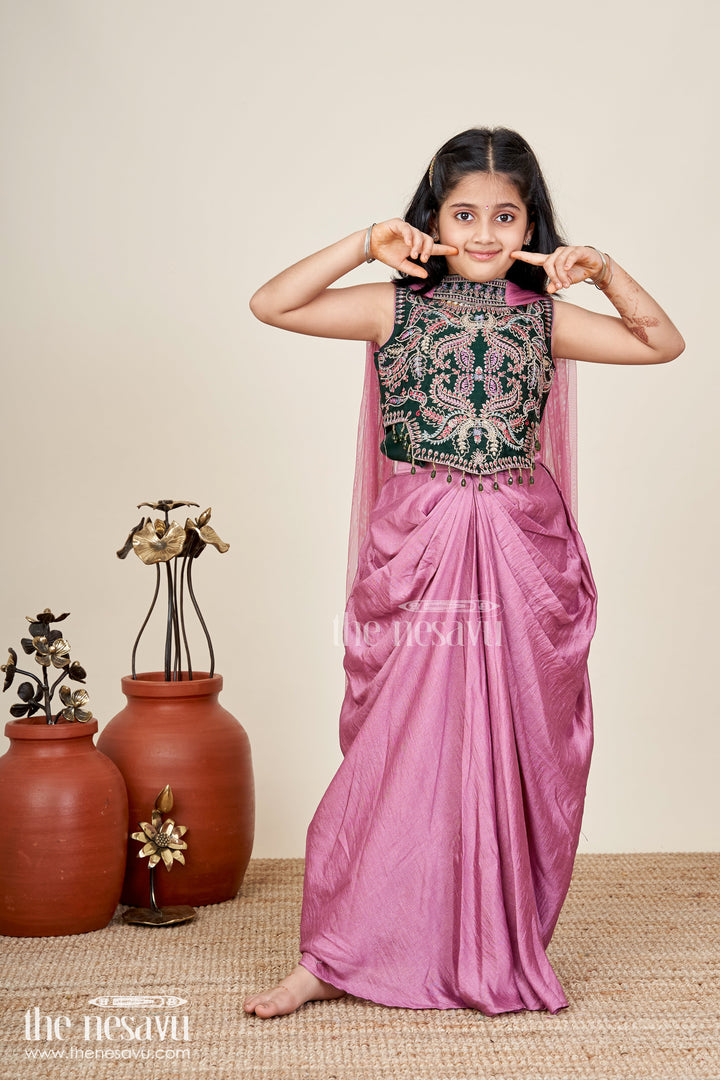 The Nesavu Girls Lehenga Choli Girls Lehenga Choli With Embroidered Blouse And Mocca Skirt Nesavu 24 (5Y) / Pink GL782B-24 Nesavu Mauve Lehenga Choli Green Embroidered Blouse Girls