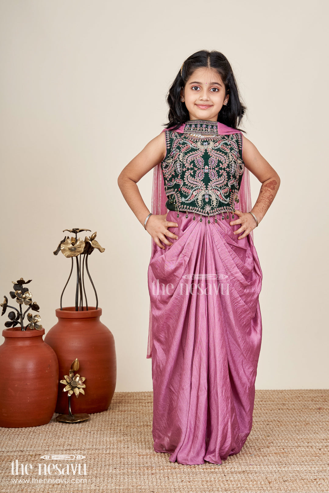 The Nesavu Girls Lehenga Choli Girls Lehenga Choli With Embroidered Blouse And Mocca Skirt Nesavu Nesavu Mauve Lehenga Choli Green Embroidered Blouse Girls