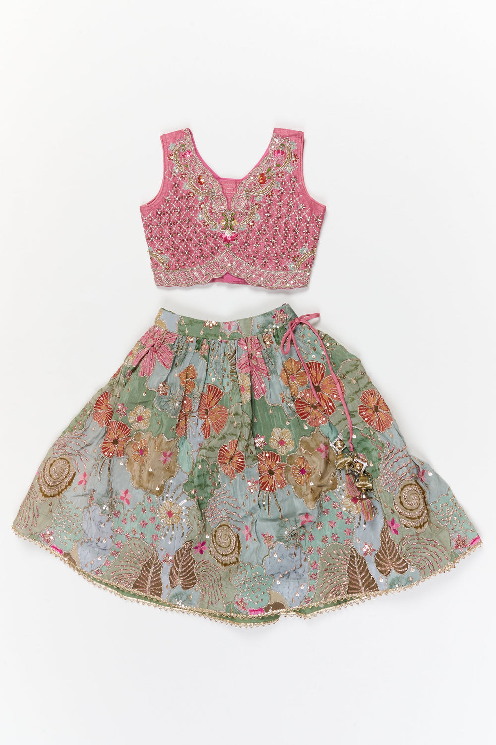 The Nesavu Girls Lehenga Choli Girls Lehenga Choli with Sequin Embroidery for Festive Celebrations Nesavu 16 (1Y) / Pink / Viscose GL868A-16 Nesavu girls lehenga choli set with sequin embroidered skirt and heavy yoke for weddings and functions