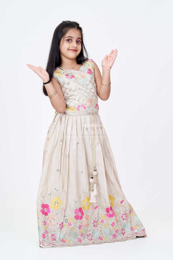 The Nesavu Girls Lehenga Choli Girls Lehenga Flower Design in Grey Tissue Silk with Multicolor Floral Thread Embroidery and Dupatta Nesavu 24 (5Y) / Cream GL611B-24 Girls Lehenga Flower Set Grey Tissue Silk Designer Embroidery Contrasting Dupatta | The Nesavu