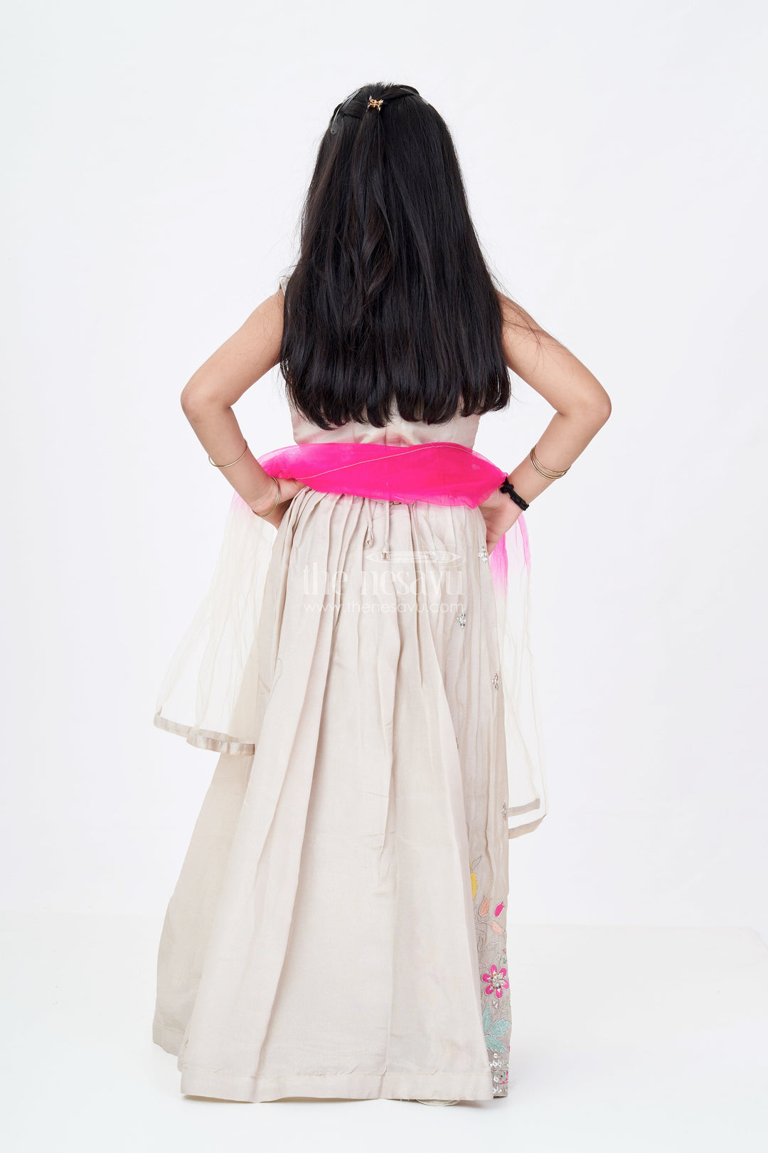 The Nesavu Girls Lehenga Choli Girls Lehenga Flower Design in Grey Tissue Silk with Multicolor Floral Thread Embroidery and Dupatta Nesavu Girls Lehenga Flower Set Grey Tissue Silk Designer Embroidery Contrasting Dupatta | The Nesavu