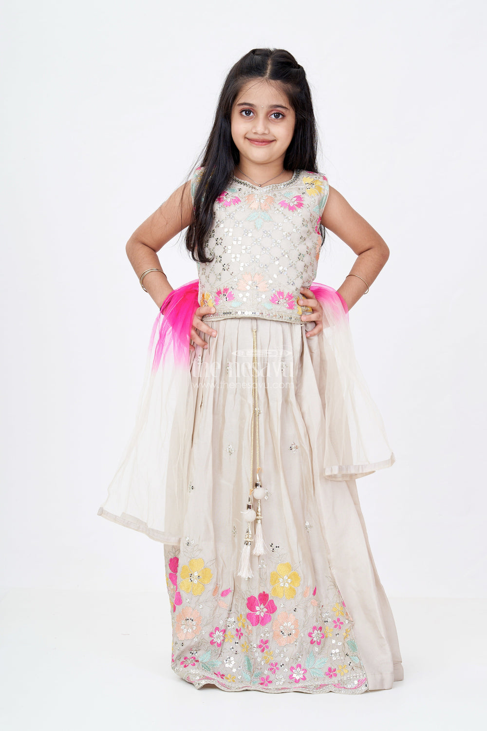 The Nesavu Girls Lehenga Choli Girls Lehenga Flower Design in Grey Tissue Silk with Multicolor Floral Thread Embroidery and Dupatta Nesavu Nesavu Girls Lehenga Flower Set Grey Tissue Silk Designer Embroidery Contrasting Dupatta